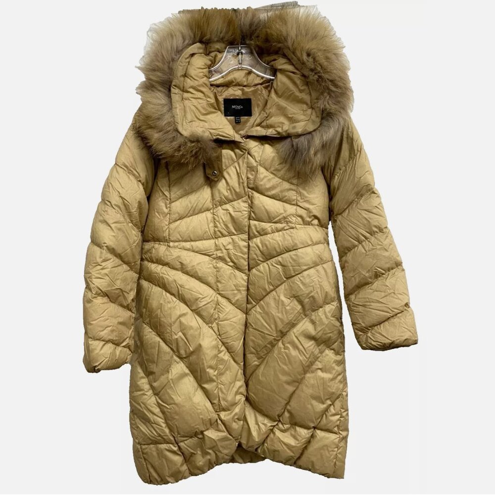 MO&Co Paris Quilted Duck Down Puffer Jacket Raccoon Fur Trim Parka Gold Women M